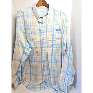 Columbia PFG Yellow/Blue‎ Plaid Long Sleeve Fishing Shirt Sun Protection XL EUC